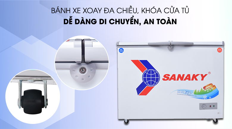 Tủ đông Kangaroo KG388C2 với nhiều tiện ích nổi bật như: khóa an toàn, bánh xe đẩy