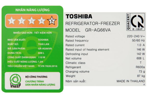 Tu Lanh Toshiba Inverter 608 Lit Gr Ag66va Xk