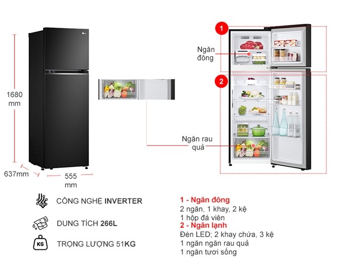 Tủ lạnh LG Inverter 266 lít GV-B262BL