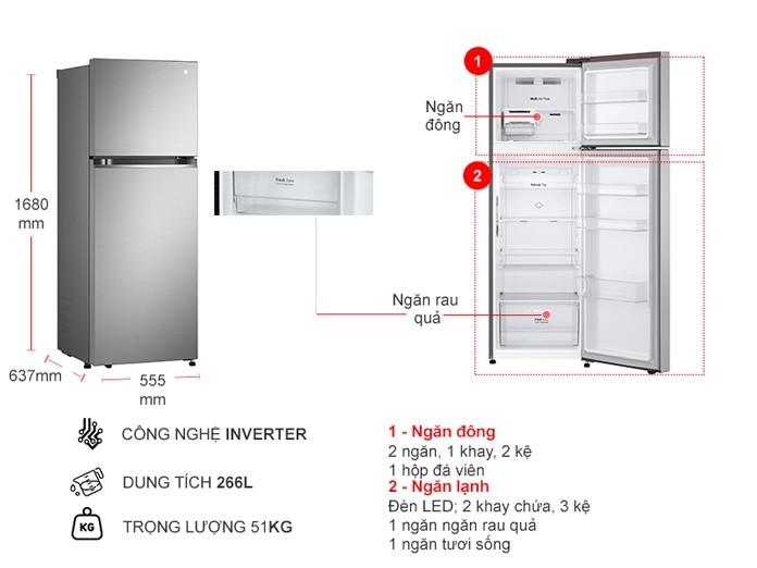 Tủ lạnh LG Inverter 266 lít GV-B262PS+