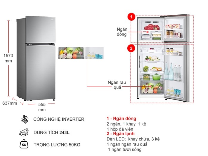 Tủ lạnh LG Inverter 243 lít GV-B242PS